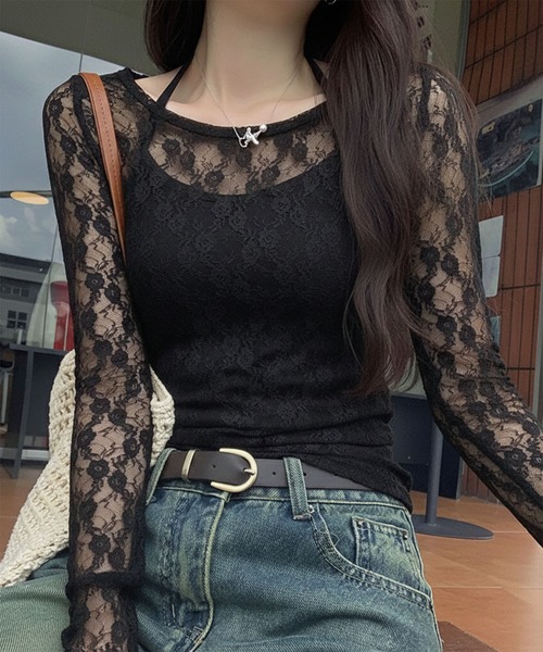 VIBGYOR（ヴィブジョー）の「【セット商品】フラワーモチーフ レースシアートップス ホルターネックキャミ(CZ)（Tシャツ/カットソー・レディース・アイボリー/ブラック・LARGE/MEDIUM）」の2枚目の写真