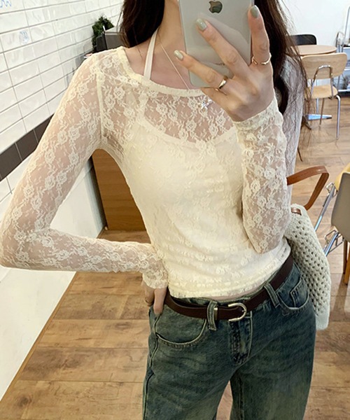 VIBGYOR(ヴィブジョー)の「【セット商品】フラワーモチーフ レースシアートップス ホルターネックキャミ(CZ)(Tシャツ/カットソー・レディース・アイボリー・MEDIUM/LARGE)」の2枚目の写真