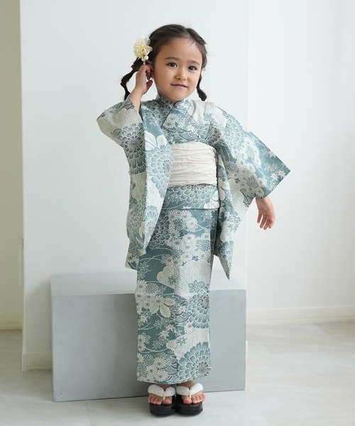 utatane（ウタタネ）の「キッズ浴衣3点セット ひよこ商店 青碧色に菊爛漫（浴衣・キッズ・ブルーグリーン・100cm/110cm/120cm/130cm）」の14枚目の写真