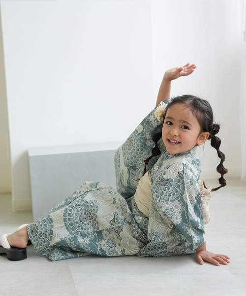 utatane（ウタタネ）の「キッズ浴衣3点セット ひよこ商店 青碧色に菊爛漫（浴衣・キッズ・ブルーグリーン・100cm/110cm/120cm/130cm）」の17枚目の写真