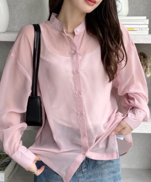 TREOVER(トレオーバー)の「涼しい透け感でオールシーズン大活躍! バンドカラー オーバーサイズシアーシャツ(シャツ/ブラウス・レディース・ライトグレー/ブラック/ライトピンク/オフホワイト/ブルー・FREE)」の5枚目の写真