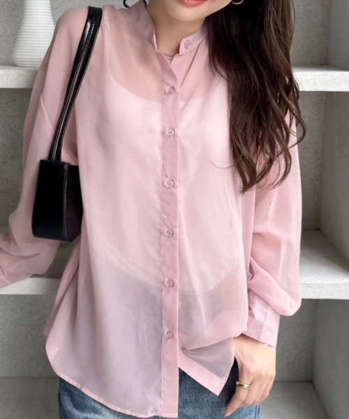 TREOVER(トレオーバー)の「涼しい透け感でオールシーズン大活躍! バンドカラー オーバーサイズシアーシャツ(シャツ/ブラウス・レディース・ライトグレー/ブラック/ライトピンク/オフホワイト/ブルー・FREE)」の19枚目の写真
