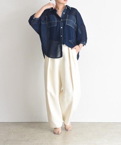 【送料無料】Eimee Law エイミーロウ デニムMIXシアーチュニックシャツ レディース 84336F-2 シアーシャツ 異素材切り替え 羽織り 長袖 体型カバー 春夏秋 BLACK Eimee Law 【送料無料】Eimee エイミーロウ デニムMIXシアー