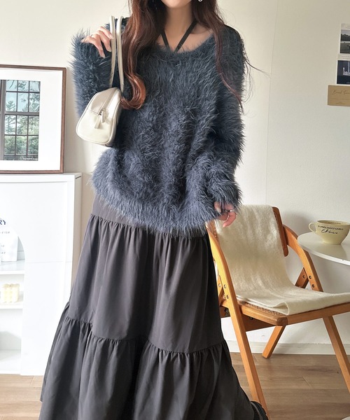classicalelf(クラシカルエルフ)の「二度見の華やかさ。シャギーニット×ティアードキャミワンピースセット(セットアイテム)(ワンピース・レディース・ブルー系その他/ブラック×グレー/ブラック×ベージュ・X-LARGE/SMALL/MEDIUM/LARGE)」の4枚目の写真