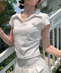 【 左胸のワンポイント刺繍リボンがアクセント♪】リボン刺繍 両サイドギャザー ポロ / Short sleeve polo shirt