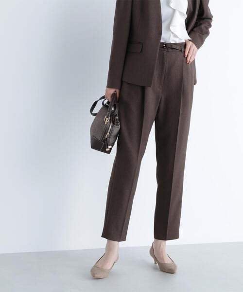 【未使用】ナチュラルビューティーベーシックパンツスーツセットアップ ブラウン S ◇ ウーステッドライクツイル SETUP テーパードパンツ（スラックス