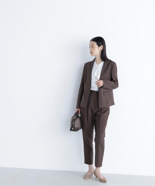 【未使用】ナチュラルビューティーベーシックパンツスーツセットアップ ブラウン S ◇ ウーステッドライクツイル SETUP テーパードパンツ（スラックス