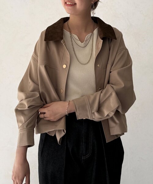 Chez toi（シェトワ）の「襟配色ワークジャケット（ブルゾン・レディース・ベージュ/ブラック・FREE）」の11枚目の写真
