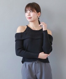 細リブレイヤリングデザイン オフショルニット