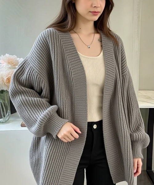 cammie(キャミー)の「畦編みニットカーディガン(カーディガン/ボレロ・レディース・ブラック/アイボリー/グレー・F)」の3枚目の写真
