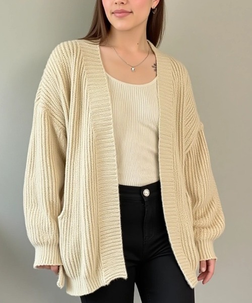 cammie(キャミー)の「畦編みニットカーディガン(カーディガン/ボレロ・レディース・ブラック/アイボリー/グレー・F)」の6枚目の写真
