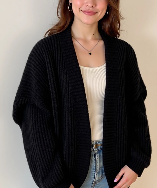 cammie(キャミー)の「畦編みニットカーディガン(カーディガン/ボレロ・レディース・ブラック/アイボリー/グレー・F)」の10枚目の写真