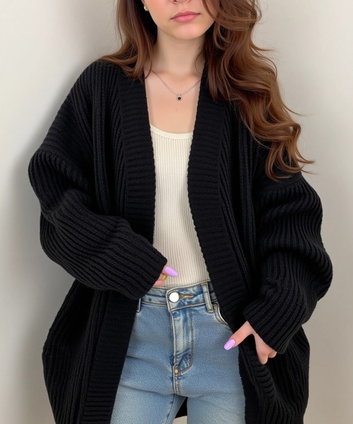 cammie(キャミー)の「畦編みニットカーディガン(カーディガン/ボレロ・レディース・ブラック/アイボリー/グレー・F)」の9枚目の写真