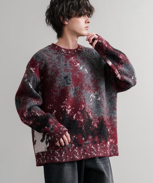 セール】オーバーサイズ ウール混5Gジャガード編みアブストラクト柄