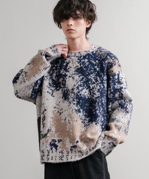 Rocky Monroe(ロッキーモンロー)の「オーバーサイズ ウール混5Gジャガード編みアブストラクト柄クルーネックニットセーター(ニット/セーター・メンズ・ネイビー/ブラック/ワイン/ベージュ・M/L)」の13枚目の写真