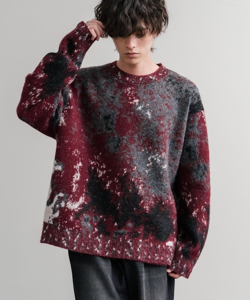 セール】オーバーサイズ ウール混5Gジャガード編みアブストラクト柄