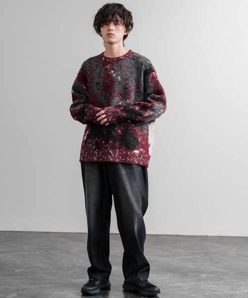 セール】オーバーサイズ ウール混5Gジャガード編みアブストラクト柄