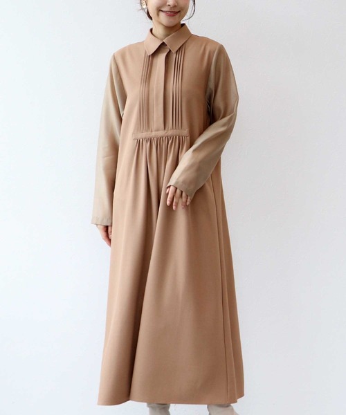 Jines（ジネス）の「シアースリーブピンタックワンピース（ワンピース・レディース・ブラウン/ベージュ・38）」の2枚目の写真