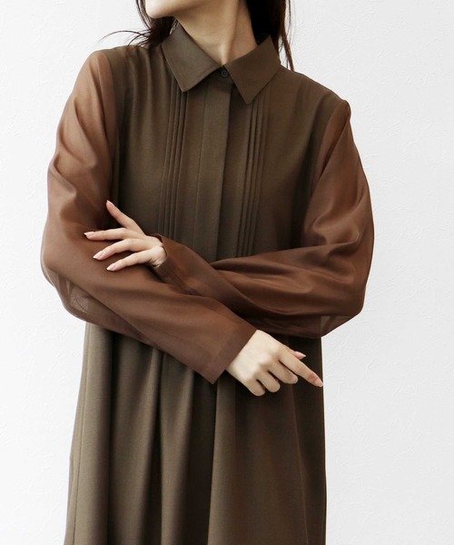Jines（ジネス）の「シアースリーブピンタックワンピース（ワンピース・レディース・ブラウン/ベージュ・38）」の19枚目の写真