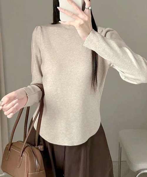 LOWO(ロワ)の「パフショルダー モックネック ニット 長袖 トップス プルオーバー きれいめ 秋冬(ニット/セーター・レディース・ベージュ/ブラウン/ブラック/チャコールグレー・FREE)」の13枚目の写真