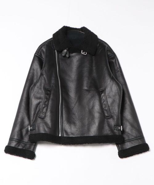 Revo.(レボ)の「ヴィンテージ加工 裏ボア フェイクムートン ダブル ライダースジャケット【UNISEX】(ムートンコート・メンズ・ブラック×ホワイト/ブラック×ブラック・M/L)」の6枚目の写真