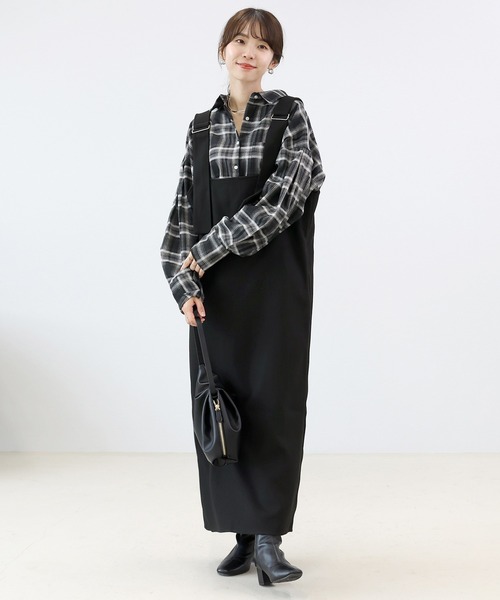 Aletta vita(アレッタビータ)の「フェイクウールVネック2WAYサロペットワンピース(ワンピース・レディース・チャコール/ブラック・FREE)」の3枚目の写真
