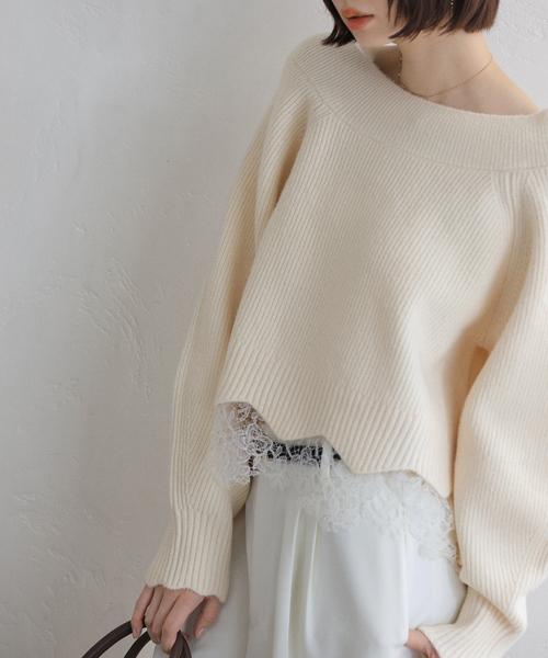 La TOTALITE（ラトータリテ）の「【洗える】オフネックレースニット（ニット/セーター・レディース・チャコールグレー/アイボリー/ラベンダー・FREE）」の2枚目の写真