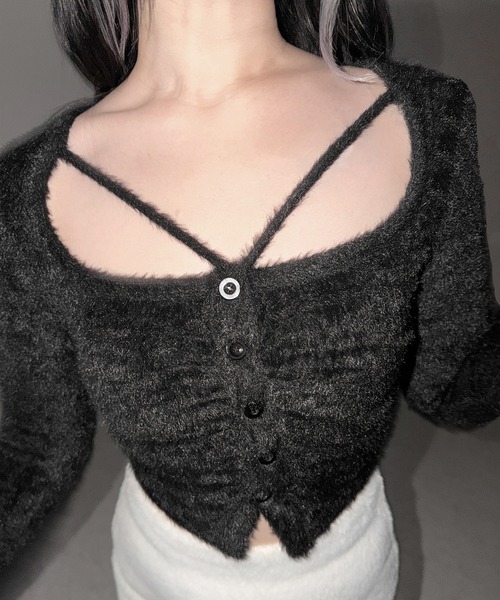 me+em select（ミームセレクト）の「【 ３color 】クロスストラップスクエアショートシャギーカーディガン ／ cross strap square short shaggy cardigan ※※（カーディガン/ボレロ・レディース・グレー/ホワイト/ブラック・FREE）」の7枚目の写真