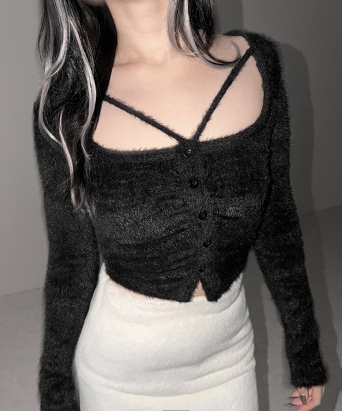 me+em select（ミームセレクト）の「【 ３color 】クロスストラップスクエアショートシャギーカーディガン ／ cross strap square short shaggy cardigan ※※（カーディガン/ボレロ・レディース・グレー/ホワイト/ブラック・FREE）」の9枚目の写真