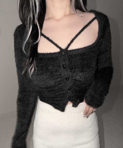 me+em select（ミームセレクト）の「【 ３color 】クロスストラップスクエアショートシャギーカーディガン ／ cross strap square short shaggy cardigan ※※（カーディガン/ボレロ・レディース・グレー/ホワイト/ブラック・FREE）」の10枚目の写真