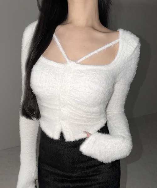 me+em select（ミームセレクト）の「【 ３color 】クロスストラップスクエアショートシャギーカーディガン ／ cross strap square short shaggy cardigan ※※（カーディガン/ボレロ・レディース・グレー/ホワイト/ブラック・FREE）」の14枚目の写真