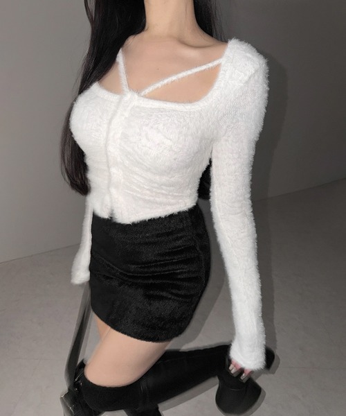 me+em select（ミームセレクト）の「【 ３color 】クロスストラップスクエアショートシャギーカーディガン ／ cross strap square short shaggy cardigan ※※（カーディガン/ボレロ・レディース・グレー/ホワイト/ブラック・FREE）」の19枚目の写真