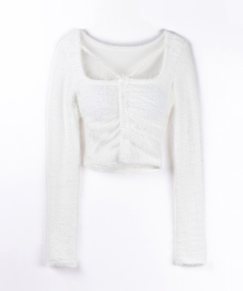 me+em select（ミームセレクト）の「【 ３color 】クロスストラップスクエアショートシャギーカーディガン ／ cross strap square short shaggy cardigan ※※（カーディガン/ボレロ・レディース・グレー/ホワイト/ブラック・FREE）」の6枚目の写真
