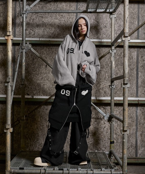 ERAR（エラー）の「【ERAR】ハートロゴショート丈ダブルジップデザインニットパーカー（パーカー・メンズ・ブラック/グレー・S/M/L/XL）」の19枚目の写真