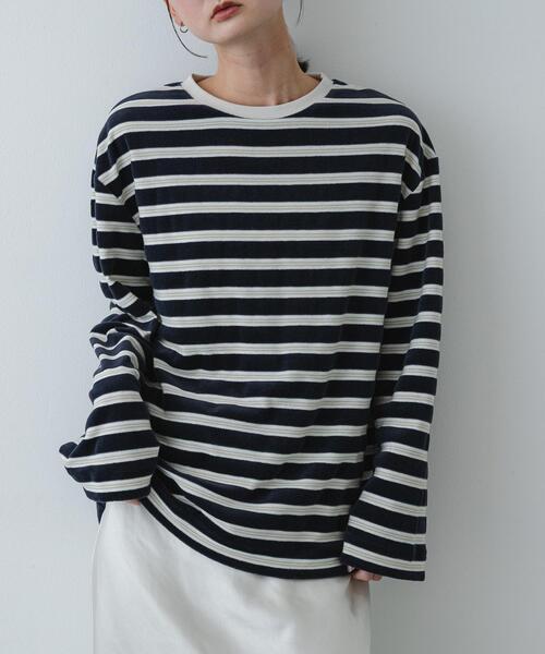 SENSE OF PLACE by URBAN RESEARCH(センスオブプレイスバイアーバンリサーチ)の「ベロアボーダーTシャツ(Tシャツ/カットソー・レディース・ネイビー/ベージュ/ミント・ONE)」の1枚目の写真