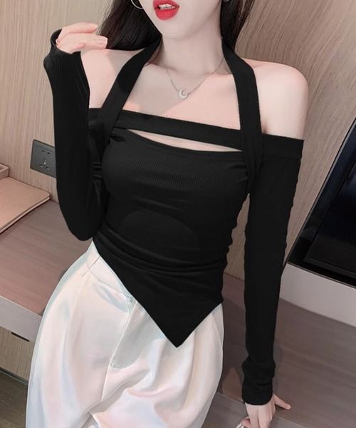 ADDITION STORE(アディションストア)の「オフショル ホルターネック アシンメヘム ロンT(Tシャツ/カットソー・レディース・ブラック/オフホワイト・SMALL/MEDIUM/LARGE)」の2枚目の写真