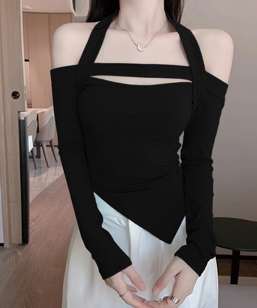 ADDITION STORE(アディションストア)の「オフショル ホルターネック アシンメヘム ロンT(Tシャツ/カットソー・レディース・ブラック/オフホワイト・SMALL/MEDIUM/LARGE)」の4枚目の写真