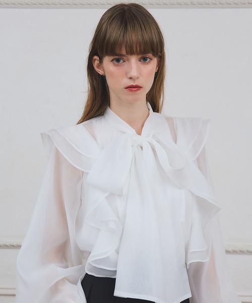 EIMY ISTOIRE（エイミーイストワール）の「ボウタイラッフルブラウス（シャツ/ブラウス・レディース・ライトピンク/ホワイト・F）」の11枚目の写真