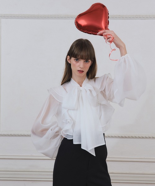 EIMY ISTOIRE（エイミーイストワール）の「ボウタイラッフルブラウス（シャツ/ブラウス・レディース・ライトピンク/ホワイト・F）」の16枚目の写真