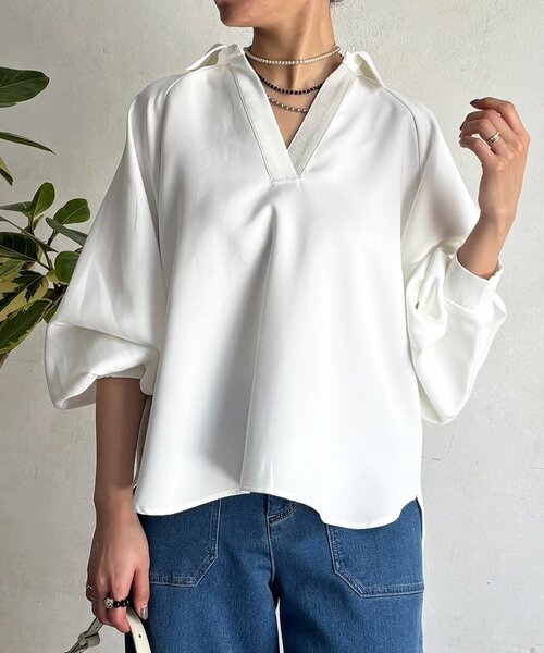 un dix cors(アンディコール)の「パウダーストレッチブラウス(シャツ/ブラウス・レディース・オフホワイト/チャコールグレー/グレー/ネイビー・FREE)」の16枚目の写真