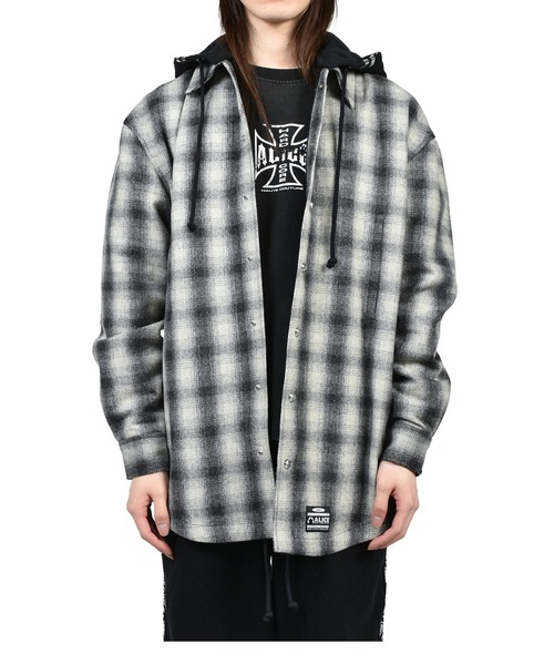 ALICE HOLLYWOOD(アリスハリウッド)の「OVERSIZE HOODED FLANNEL SHIRT(シャツ/ブラウス・メンズ・チャコールグレー/ホワイト・LARGE/X-LARGE/SMALL/MEDIUM)」の1枚目の写真