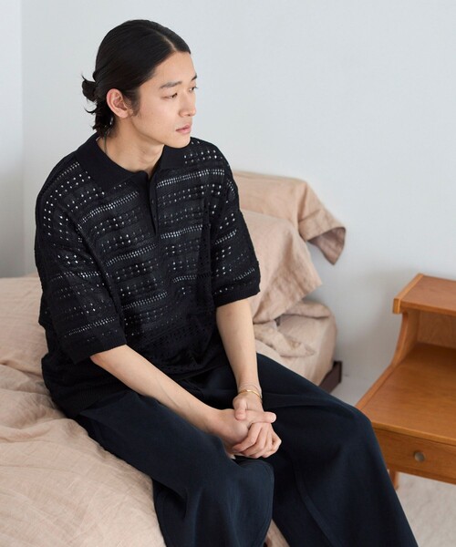 Firsthand(ファーストハンド)の「Firsthand/ファーストハンド ビッグシルエット ショートスリーブ ニット編み ポロシャツ(ポロシャツ・メンズ・ブラック/ベージュ/サックスブルー・MEDIUM/LARGE)」の5枚目の写真