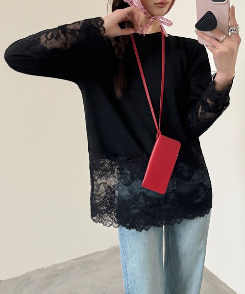 Lace Ladies（レースレディース）の「レース ドッキング クルーネック 長袖 ブルオーバー（Tシャツ/カットソー・レディース・ホワイト/ブラック・M/XL）」の2枚目の写真