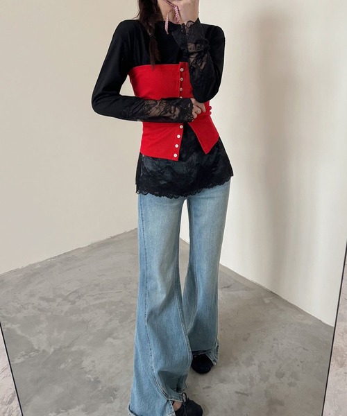 Lace Ladies（レースレディース）の「レース ドッキング クルーネック 長袖 ブルオーバー（Tシャツ/カットソー・レディース・ホワイト/ブラック・M/XL）」の5枚目の写真