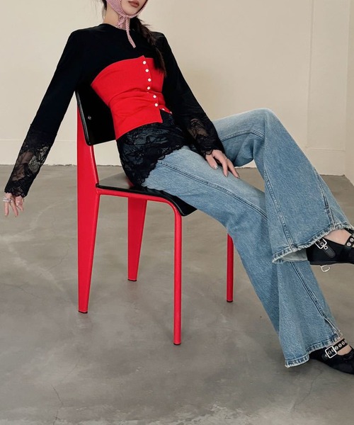 Lace Ladies（レースレディース）の「レース ドッキング クルーネック 長袖 ブルオーバー（Tシャツ/カットソー・レディース・ホワイト/ブラック・M/XL）」の6枚目の写真