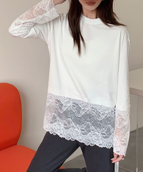 Lace Ladies（レースレディース）の「レース ドッキング クルーネック 長袖 ブルオーバー（Tシャツ/カットソー・レディース・ホワイト/ブラック・M/XL）」の7枚目の写真