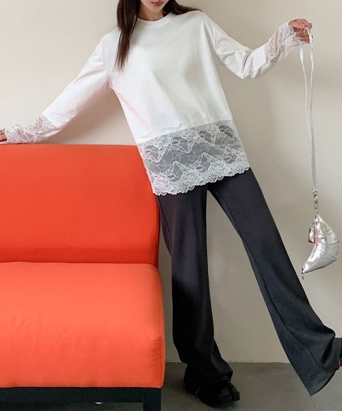 Lace Ladies（レースレディース）の「レース ドッキング クルーネック 長袖 ブルオーバー（Tシャツ/カットソー・レディース・ホワイト/ブラック・M/XL）」の8枚目の写真