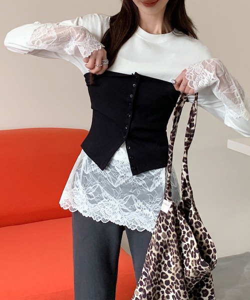 Lace Ladies（レースレディース）の「レース ドッキング クルーネック 長袖 ブルオーバー（Tシャツ/カットソー・レディース・ホワイト/ブラック・M/XL）」の9枚目の写真