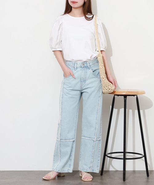 atONE（アットワン）の「クロスフリンジワイドデニムパンツ（デニムパンツ・レディース・ネイビー/ブルー系その他5/サックスブルー・M/L/3L/4L/LL）」の14枚目の写真