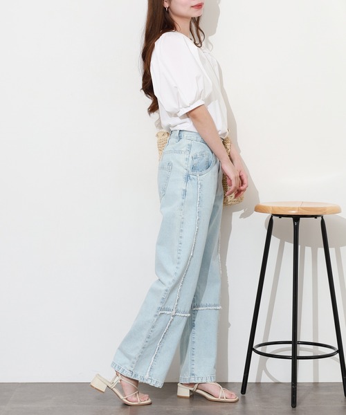 atONE（アットワン）の「クロスフリンジワイドデニムパンツ（デニムパンツ・レディース・ネイビー/ブルー系その他5/サックスブルー・M/L/3L/4L/LL）」の15枚目の写真